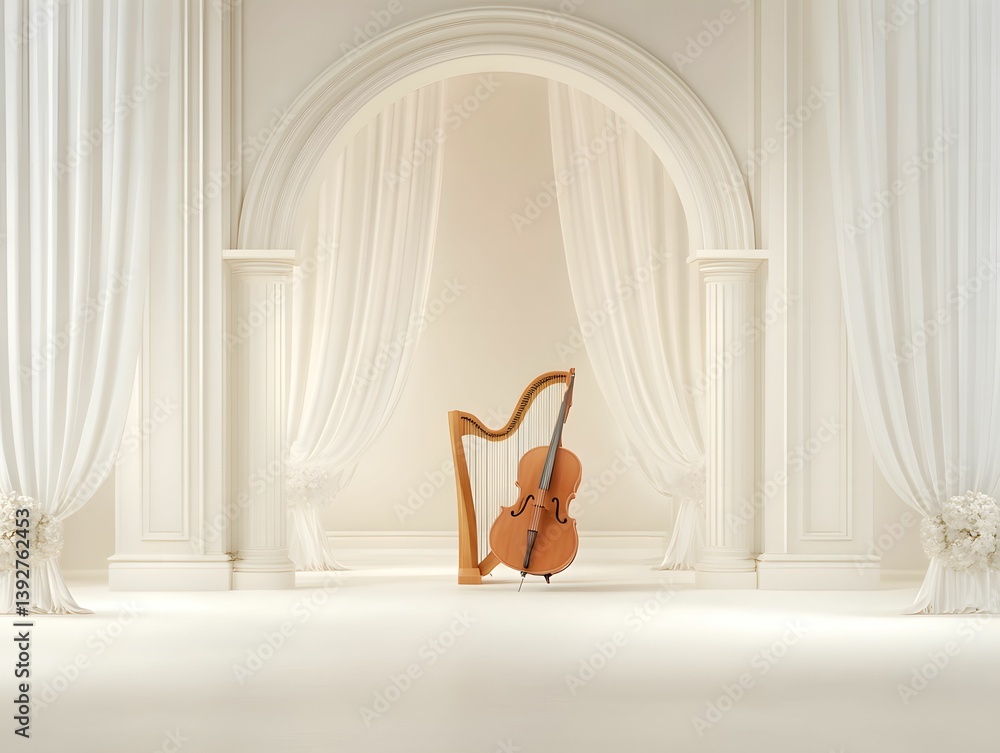 Poster a serene, elegant setting featuring a harp framed by soft drapes and classical architecture, creatin