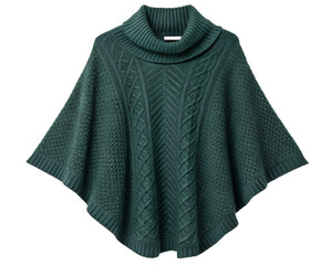 Chic Knitted Poncho with Cowl Neck in Forest Green, On Transparent Background