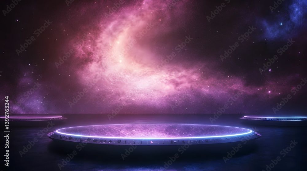 Poster a surreal cosmic scene featuring illuminated platforms floating over a tranquil ocean, surrounded by