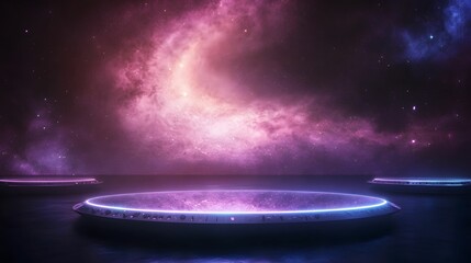 A surreal cosmic scene featuring illuminated platforms floating over a tranquil ocean, surrounded by a vibrant galaxy and nebula.