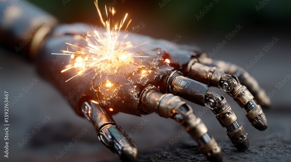 Poster close up of a metallic robotic hand with sparks emanating from it, resting on a dark surface.