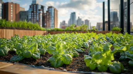 "Urban Rooftop Garden with Green Plants"