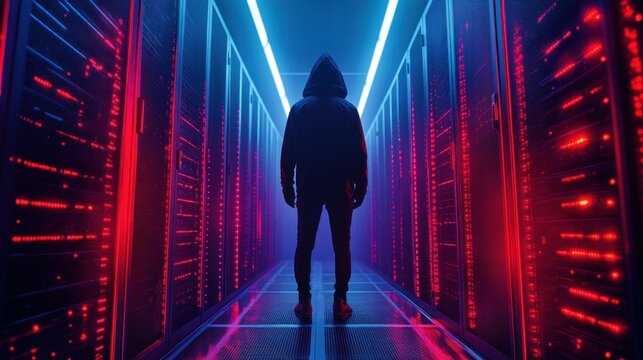 Hooded figure standing in a server room with glowing red data streams representing cybersecurity hacking and digital threats in a high tech environment