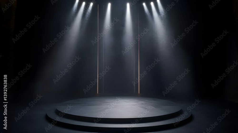 Poster a dimly lit stage with circular platforms, illuminated by beams of light, creating a dramatic atmosp