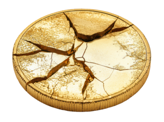 Cracked Golden Coin Symbolizing Cryptocurrency Market Crash Isolate on Transparent Background, cutout, png