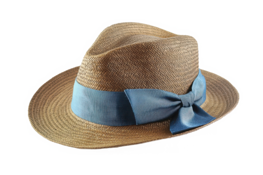Light brown straw fedora hat with blue ribbon and tilted brim in vintage summer style on white background