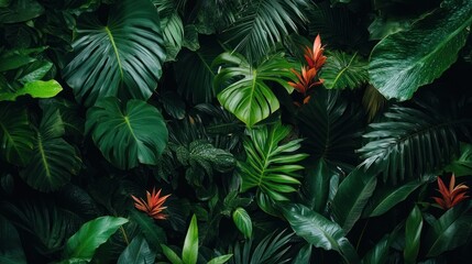 Lush tropical foliage composition showcases diverse textures and verdant hues