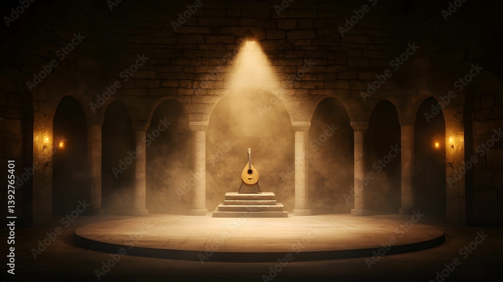 Poster a serene musical instrument is illuminated on a stage within a stone archway environment, creating a