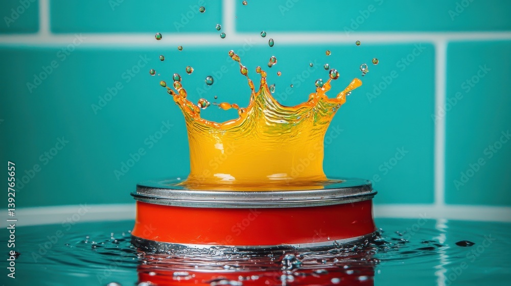 Poster yellow crown splashes into a red can creating a dynamic and colorful scene with vibrant energy and e