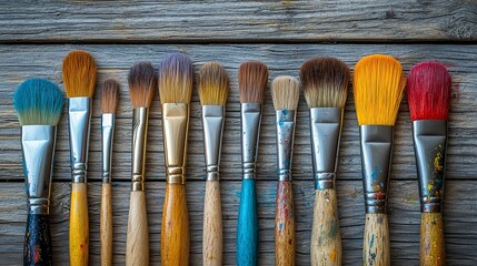 Fototapeta premium Variety of paintbrushes on a wooden surface