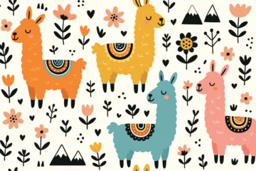 Crédence en verre imprimé Colorful llama and floral pattern design for children's decor