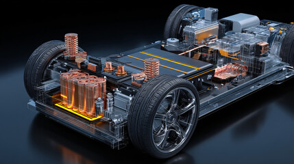 Fototapeta premium A cross-section showing the inner workings of an electric vehicle battery, illustrating eco-friendly transport technology. 
