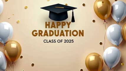 Happy graduation design for the class of 2025 featuring colorful white and gold balloons and a classic graduation cap symbolizing a bright future on a beige background.