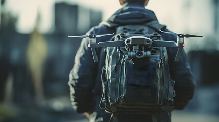 Drone backpack: An individual carrying a drone on a backpack, walking in a city setting, perfect for travel and lifestyle projects.