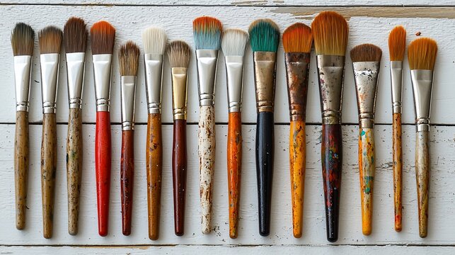 Variety of used paintbrushes on a white wooden surface