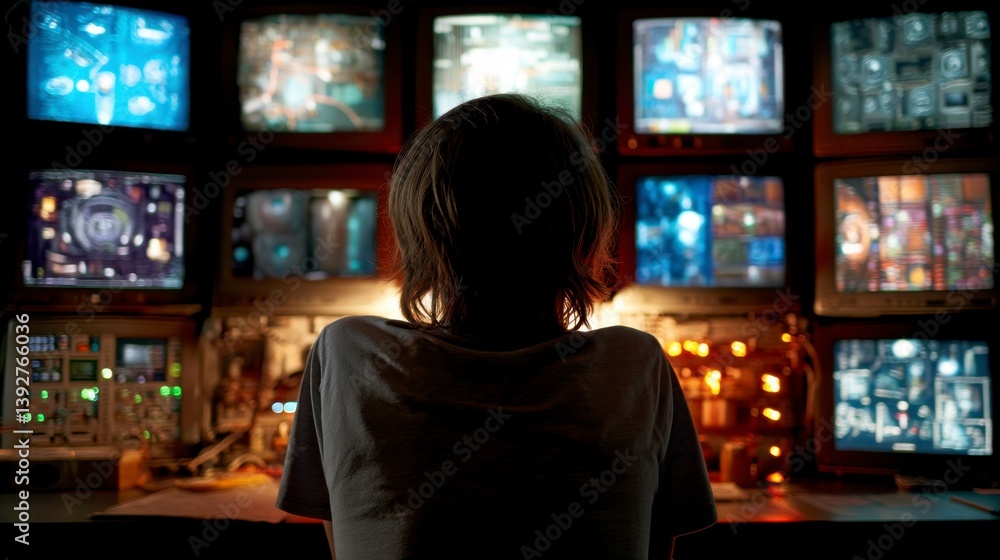 Poster person sits before a wall of glowing monitors displaying various data streams.