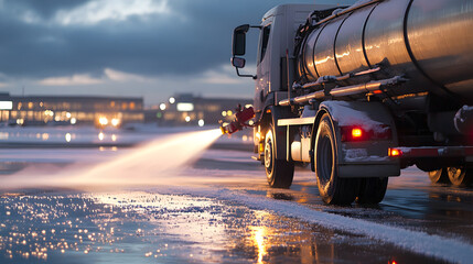 Vehicle spraying liquid on a wintry surface, possibly for de-icing at dusk. Dark sky and blurred lights in background. A vehicle working during winter.