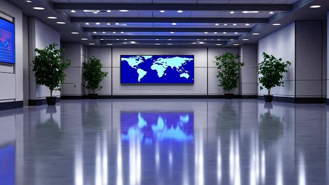 Modern conference room with digital displays and polished floor reflecting a world map