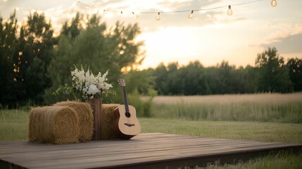 A serene outdoor scene featuring a wooden platform with hay bales, flowers, and a guitar, illuminated by string lights at sunset.