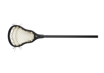 Lacrosse stick with netting positioned against a plain backdrop, ideal for sports