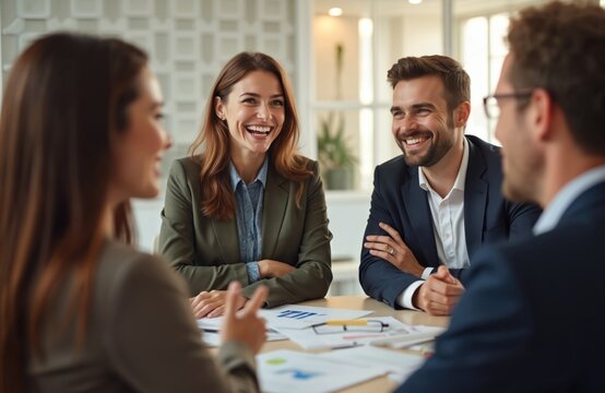 Group business people smile, chat at office meeting table. Happy diverse team discuss project. Smiling business people colleagues, pro teamwork at workplace. Corporate meeting, collaboration.