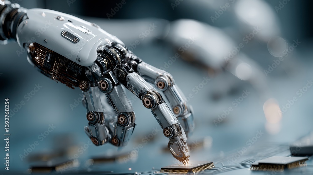 Poster close up of a robotic hand manipulating small components on a metallic surface, illuminated with dra