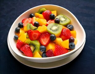 Colorful fresh fruit salad in a white bowl, with strawberries, kiwi, mango and blueberries