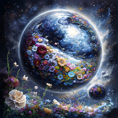 planet earth in space, Vibrant Cosmic Planet Surrounded By Floral Patterns And Stars