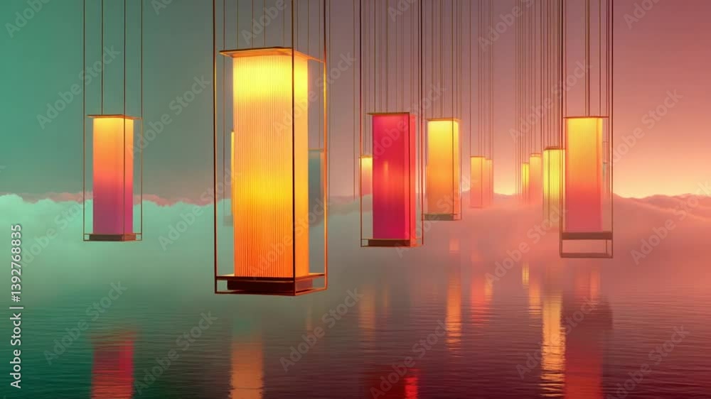 Poster digital wind chimes float in a surreal dreamlike setting at dusk generative ai