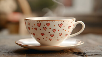 Fototapeta premium Steaming teacup with heart designs, evoking warmth and affection. The delicate cup and saucer create a cozy, inviting atmosphere.