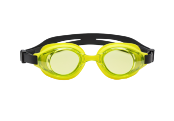 Bright yellow swimming goggles on a black strap against a clean background