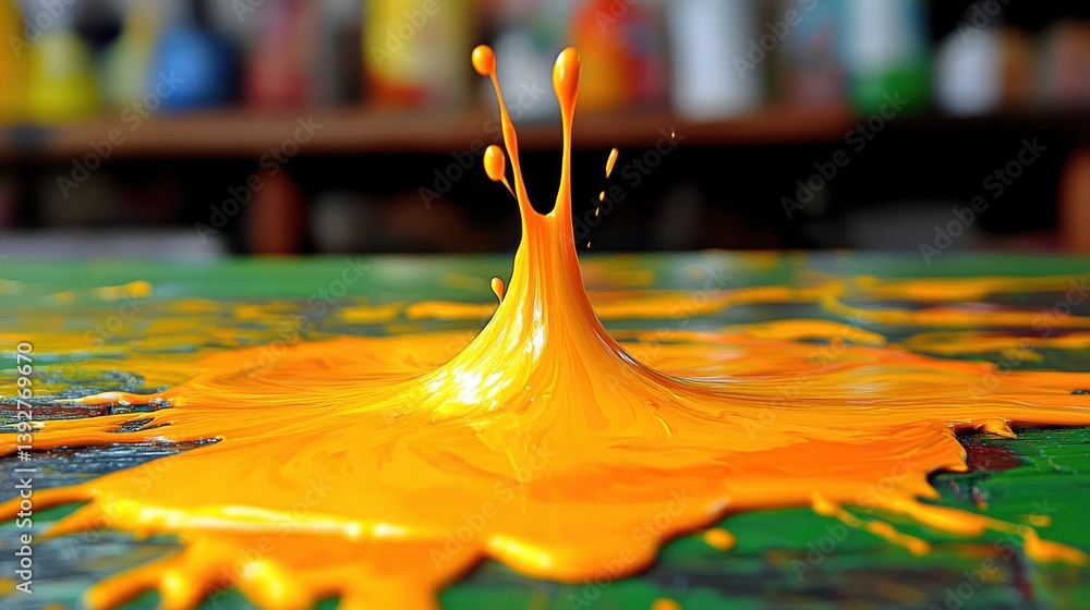 Poster captivating moment of colorful paint splashing onto a table captured in stunning detail with high sh