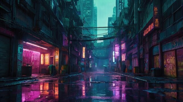 Unusual post-apocalyptic landscape in bright neon tones: a ruined world, futuristic lights, chemical fog, and a mysterious atmosphere.