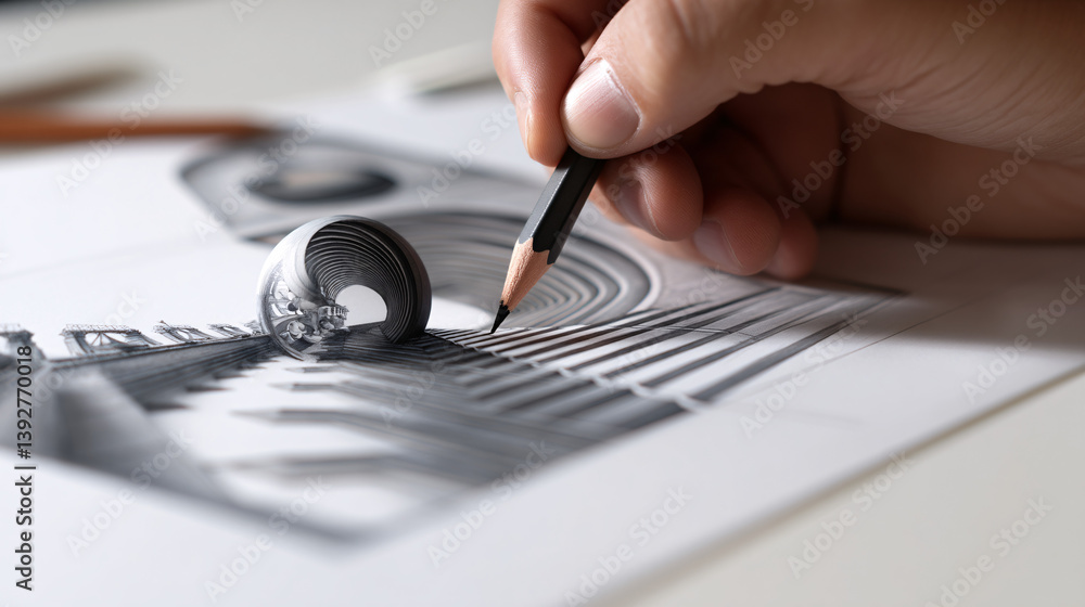 Poster a design drawing is being converted into a three-dimensional representation for visual clarity, disp