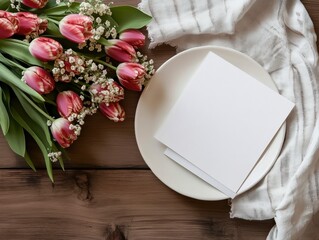 Pink Tulips and Blank Card on Rustic Wooden Table