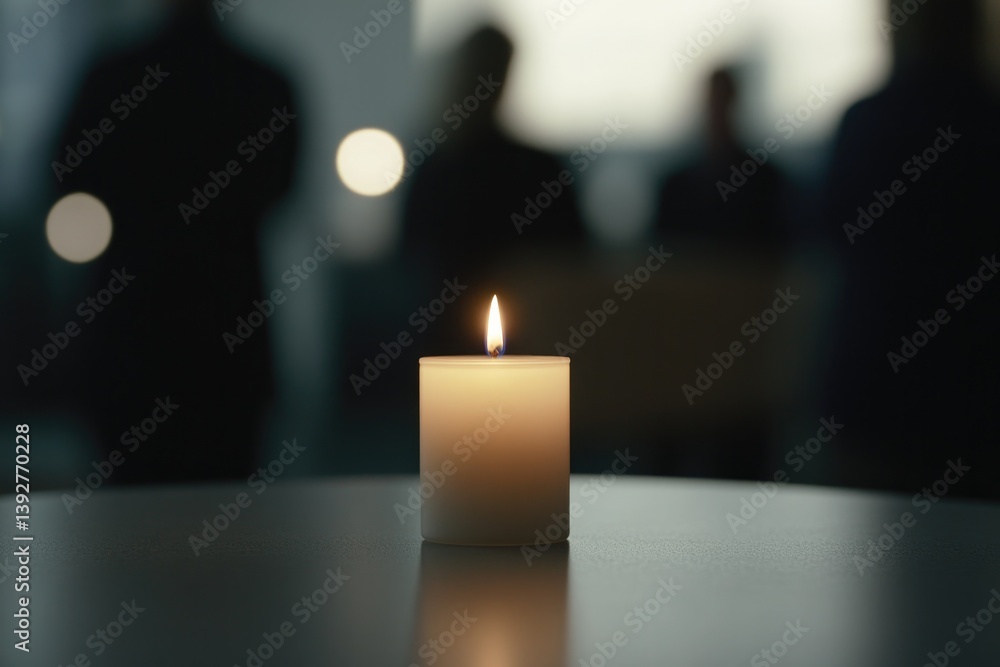 Poster gloomy indoor setting with minimalistic decor blurred mourners in background clean image showcasing 