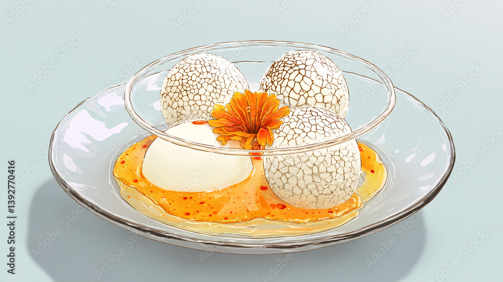 Poster a dessert featuring a delicate sugar shell that cracks into a precise, patterned design when hot sau