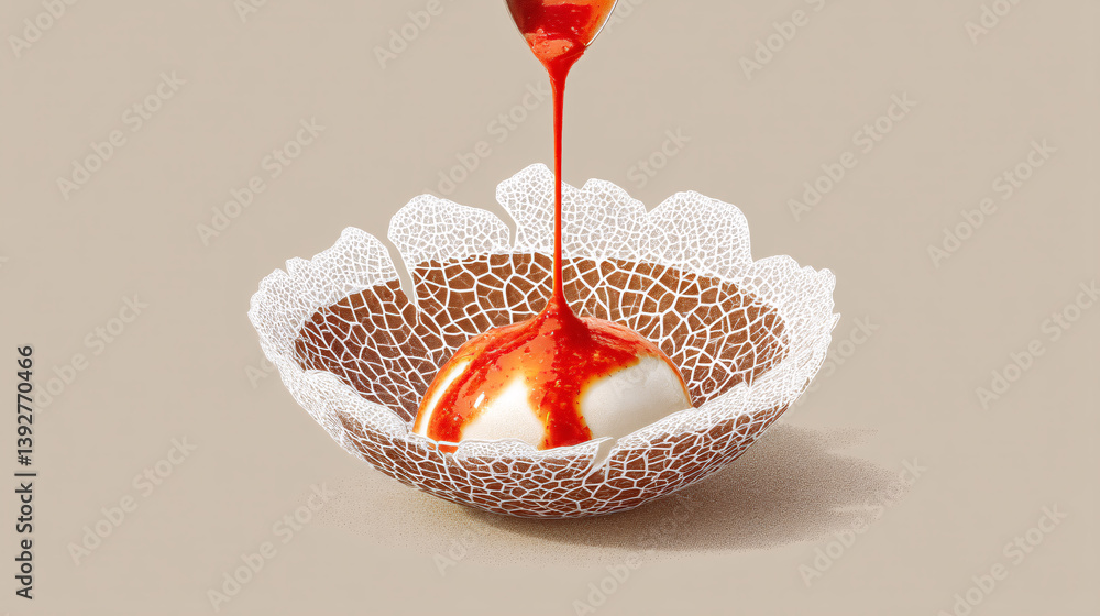 Aufkleber a dessert featuring a delicate sugar shell that cracks into a precise, patterned design when hot sau