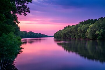Obraz premium A calm riverbank at twilight, the water reflecting the soft pink and purple hues of the sunset, lush green trees lining the shore