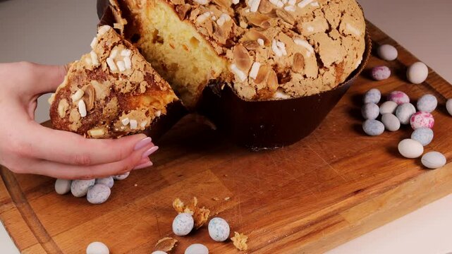 Breaking apart traditional Italian Easter Colomba cake to show soft inside texture, surrounded by colorful mini eggs