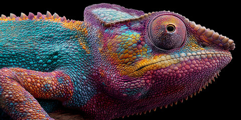 Close-up of a chameleon, showcasing vibrant turquoise, orange, and purple scales.  The detailed texture and color variations highlight reptile's unique adaptation, ideal for nature or wildlife theme
