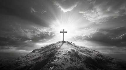 Christian cross on hill black and white religious faith hope spiritual jesus christ god christianity worship