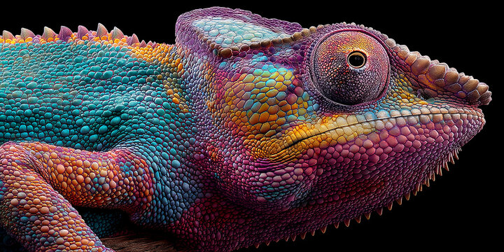 Close-up of a chameleon, showcasing vibrant turquoise, orange, and purple scales.  The detailed texture and color variations highlight reptile's unique adaptation, ideal for nature or wildlife theme