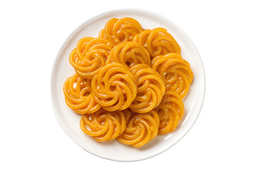 Traditional Indian Jalebi Dessert on a White Plate, On Transparent Background