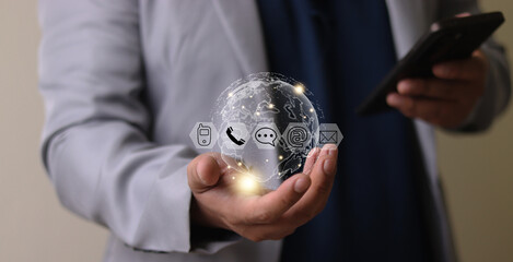 Connectivity, Contact, Global, Application, Big Data, Call Customer, Support, Contact Us or Customer Support Hotline where people contact, Businessman using laptop, Email, Address, Live Chat, Wifi Int