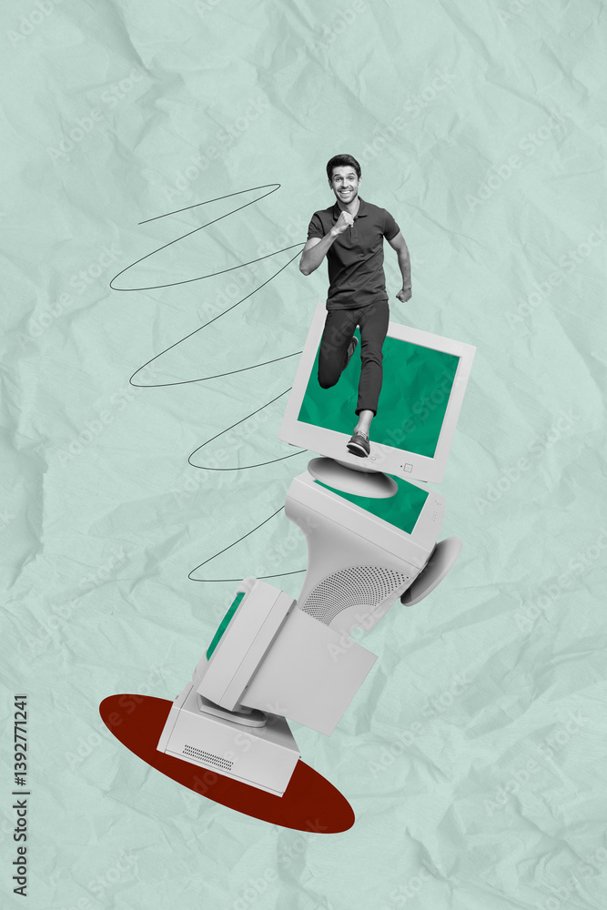 Poster trend image vertical photo collage of happy guy run pc monitor stack career development broke device
