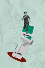 Trend image vertical photo collage of happy guy run pc monitor stack career development broke...