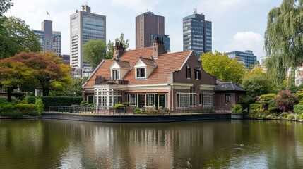 Obraz premium Quaint House Nestled by a Serene Pond with Cityscape Background, Netherlands