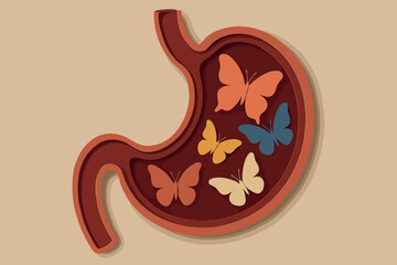 Butterflies in stomach concept illustration for romantic feelings and emotions