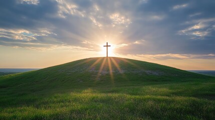Obraz premium Christian cross on hill at sunset easter background religious symbol of faith and hope christianity scene